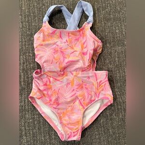 OshKosh B'gosh Pink Leaf-Print One-Piece Swimsuit with Blue Cross Straps